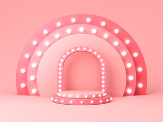 Blank light pink orange podium pedestal with retro neon light bulbs or blank product display platform isolated on pink pastel color background with shadow minimal conceptual 3D rendering
