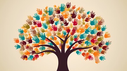 Giving and social responsibility concept illustration with colorful hands and a tree. Diverse community and the values of philanthropy, humanitarianism, and charity. Generative AI - obrazy, fototapety, plakaty