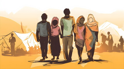 refugee family yellow illustration for world refugee day, made with generative ai