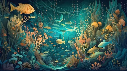 Fototapeta na wymiar illustration of dreamy deep sea aquarium with fancy fish swim inside, Generative Ai