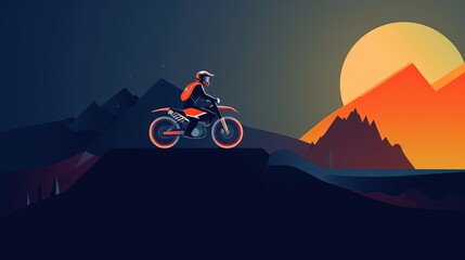 minimalist flat design illustration of motorcycle extreme sport driving on cliff edge, Generative Ai