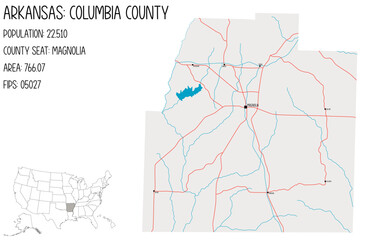 Large and detailed map of Columbia County in Arkansas, USA.