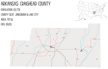 Large and detailed map of Craighead County in Arkansas, USA.