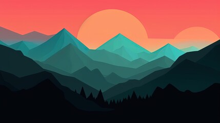 minimalist flat design illustration of nature landscape mountain forest at sunset or sunrise time, Generative Ai
