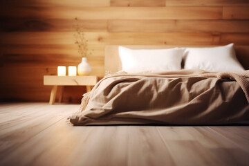 Wooden Board with Blurred Bedroom Interior Background and Copy Space for Product