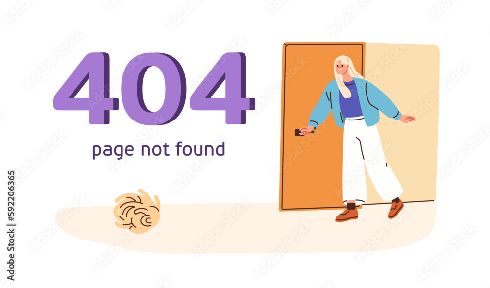 Poster 404 error, page not found, technical website problem. Creative web-site design for access and search failure message, warning text. Flat graphic vector illustration isolated on white background