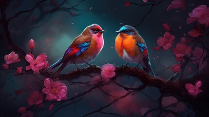 painting illustration style of two canary birds, bird, couple on cherry blossom branch in spring time at night, generative Ai