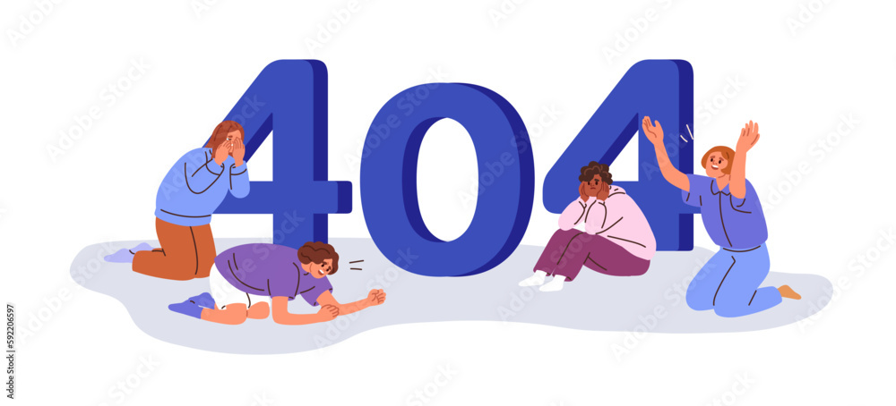 Aufkleber Error 404, page not found, creative web design for unavailable website. Access failure, wrong broken site, search result, crying people. Flat graphic vector illustration isolated on white background