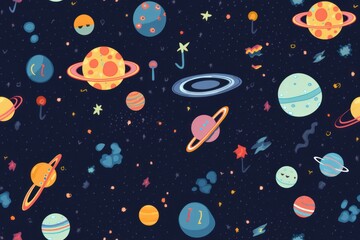 Cartoon style space, planets. Beautiful seamless pattern picture. Generative AI