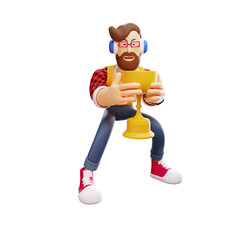 3D illustration. 3D Cartoon Man with trophy. holding the trophy in both hands. showing a smiling expression. 3D Cartoon Character