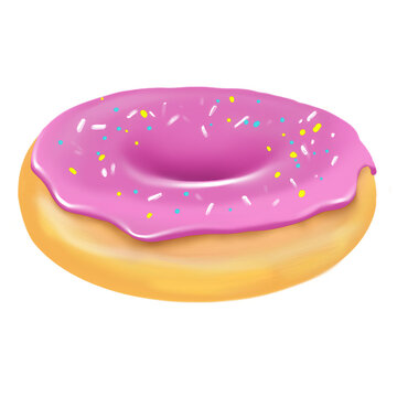 Donut with pink topping, oil paint style, digital paint, on white background. Healthy food, casual food hand drawn digital illustration.