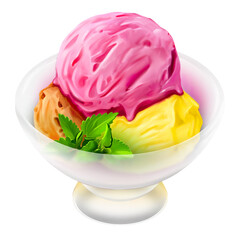 Ice cream balls in a glass pot with the mint leaves, transparent glass, , cherry ice cream, banana ice cream, oil paint style, digital paint, on white background. Healthy food, casual food hand drawn 