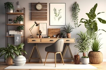 Fototapeta premium Stylish home office design includes a wooden desk, natural elements, an avocado plant, a bamboo shelf, plants, and rattan accents. neutral interior design