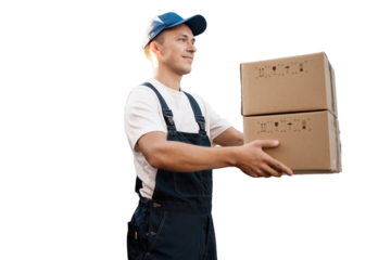 A courier in a cap is carrying boxes, a satisfied man working in courier delivery is dressed in a company uniform, transparent background, png.