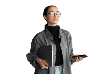 Uses a phone portrait of a woman with glasses, a young freelancer, transparent background, png.