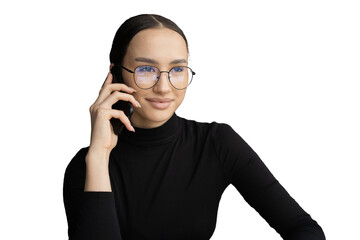 Talking on the phone portrait of a woman with glasses, a young freelancer, transparent background, png.