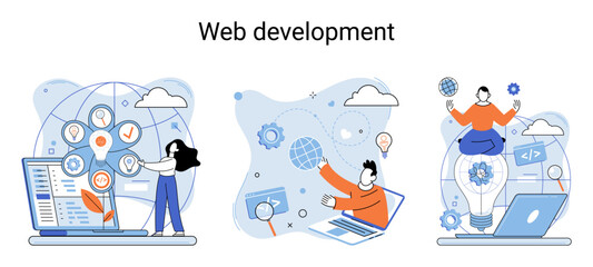 Web development metaphor, coding and programming responsive layout internet site or app of devices. Creation digital Software mobile, desktop platforms. Computer code, tablet, phone, digital business