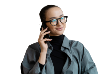 Talking on the phone portrait of a woman with glasses, a young freelancer, transparent background, png.