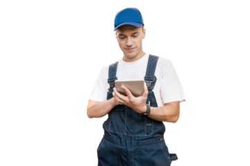 A male employee of a construction company in an engineer's uniform uses a tablet, transparent background, png.