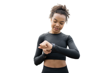 A female fitness trainer in a tracksuit uses a fitness smartwatch, transparent background, png.