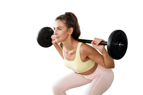 Woman With Fitness Equipment Barbell Trainer Sports Uniform, Transparent Background, Png.