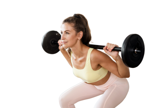 Woman with fitness equipment barbell trainer sports uniform, transparent background, png.