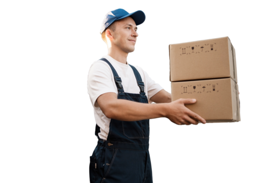 A courier in a cap is carrying boxes, a satisfied man working in courier delivery is dressed in a company uniform, transparent background, png. - Powered by Adobe