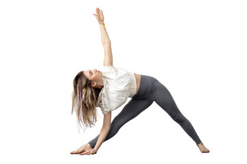 Female trainer Slim yoga exercise in Tracksuit, Transparent background, png.