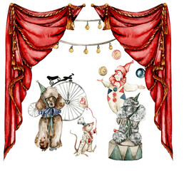 Watercolor circus composition in vintage style. Perfect for wedding, invitations, blogs, card templates, birthday and baby cards, patterns, quotes. isolater on white background.Cute circus animals. © Leila