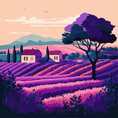 Beautiful colors purple lavender fields Provence in France. Vector illustration.