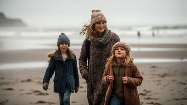 Cute monoparental family walking together on the beach sand in winter. Generative AI