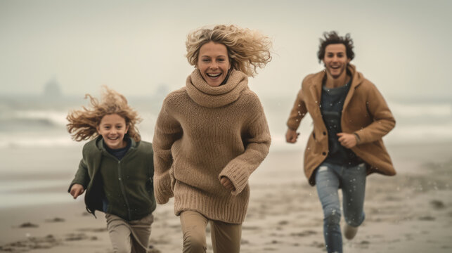 Beautiful family having fun while running together on the beach sand in winter. Generative AI