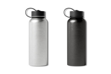 Sports stainless bottles. Bike metal reusable drink flask. 3d realistic mockup. Illustration of metallic stainless steel container water for sport bike and fitness mockup template. 3d rendering.