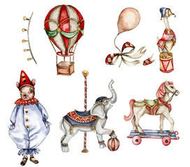 Watercolor circus set of elements in vintage style. Perfect for wedding, invitations, blogs,card templates, birthday and baby cards, patterns, quotes. isolater on white background.Cute circus animals. © Leila