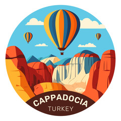 Hot air balloons over Cappadocia rocks landscape. Adventure travel in Turkey concept vector illustration.