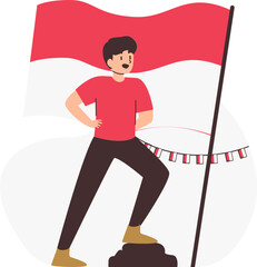a black-haired male student wearing a red-brown shirt is standing celebrating national education day with a red and white flag
