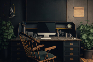 A black desk with a chair and a monitor on it. Modern home office. Generative AI
