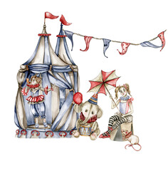 Watercolor circus composition in vintage style. Perfect for wedding, invitations, blogs, card templates, birthday and baby cards, patterns, quotes. isolater on white background.Cute circus animals. © Leila