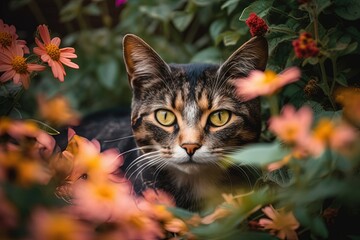 cute tabby cat stare and hide from flower bush, Generative Ai