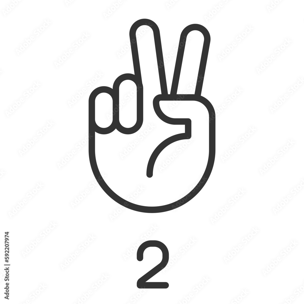 Poster signing digit two in asl pixel perfect linear icon. nonverbal communication. gesture language. thin 