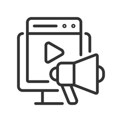 Video marketing pixel perfect linear icon. Reach customers with multimedia content. Online advertising. Thin line illustration. Contour symbol. Vector outline drawing. Editable stroke. Arial font used