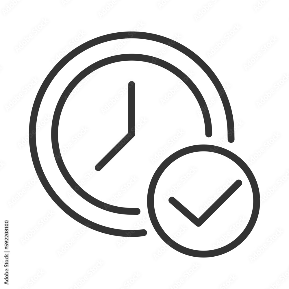 Poster clock with check mark pixel perfect linear icon. approving appointment time. digital watch with tick