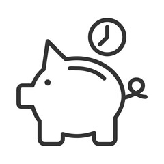 Save money for future pixel perfect linear icon. Retirement savings. Piggy bank with clock. Thin line illustration. Contour symbol. Vector outline drawing. Editable stroke. Arial font used