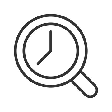 Magnifying glass with clock pixel perfect linear icon. Time tracking. Dial inside loupe. Estimation. Thin line illustration. Contour symbol. Vector outline drawing. Editable stroke. Arial font used