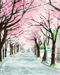 アナログ水彩風景画満開の桜のトンネル