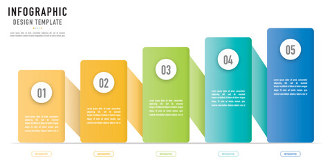 Funnel, 3D paper origami or ribbon infographic template or element with 5 step, process, option, colorful rectangle, rectangular, tag, button, icons, circle, stair, ladder for sale slide, brochure © Kattika