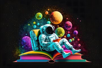 Alien among colorful bubbles reading