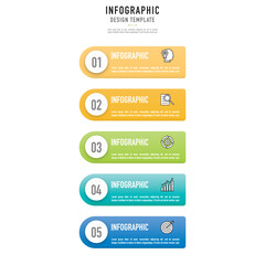 Fototapeta premium Rectangular paper origami infographic template or element with 5 step, process, option, colorful 3D rectangle, circle, circular, tag, button, icons for sale slide, workflow, flowchart, brochure, web