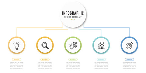 Circular mind map infographic template or element with 5 step, process, option, colorful circle, thin line, icons, fishbone, paper cut origami, linear, 3D tag for sale slide, internet, brochure, web