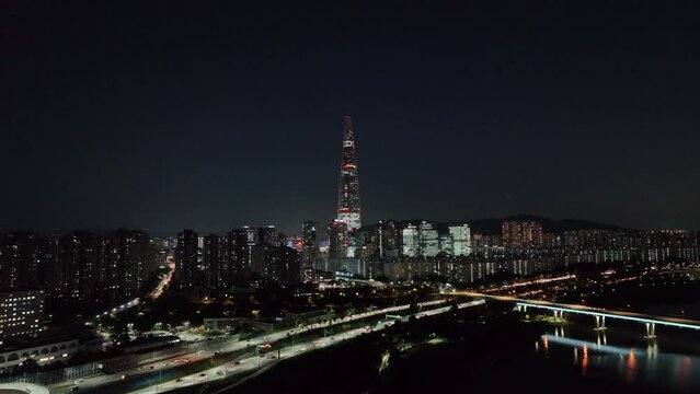 서울 한강 다리 야간 드론 영상